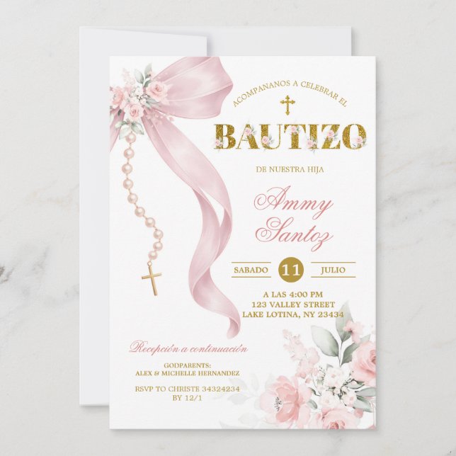 Invitation Elegant Blush Pink Bow Coquette Rosary Baptis (Devant)