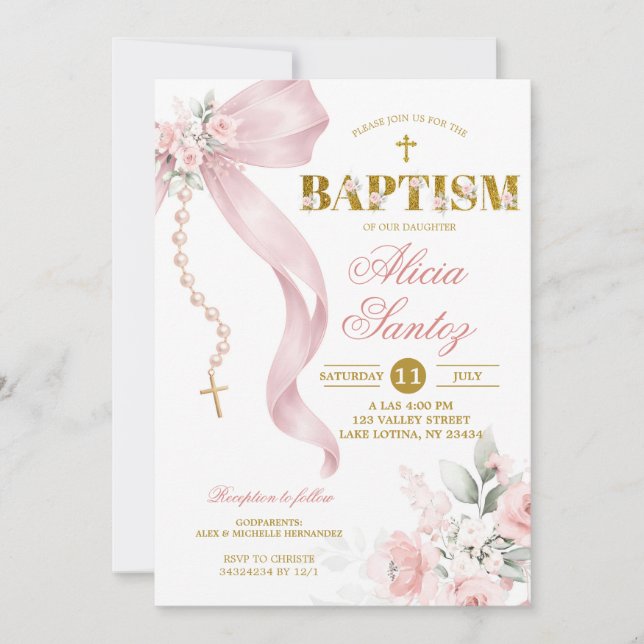 Invitation Elegant Blush Pink Bow Coquette Rosary Baptism Inv (Devant)