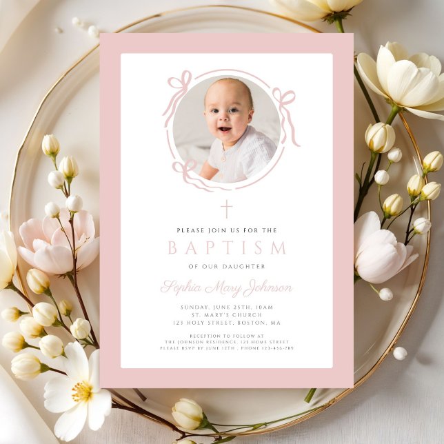 Invitation Elegant Blush Pink Bow Photo Baptism (Elegant Blush Pink Bow Photo Baptism Invitation)