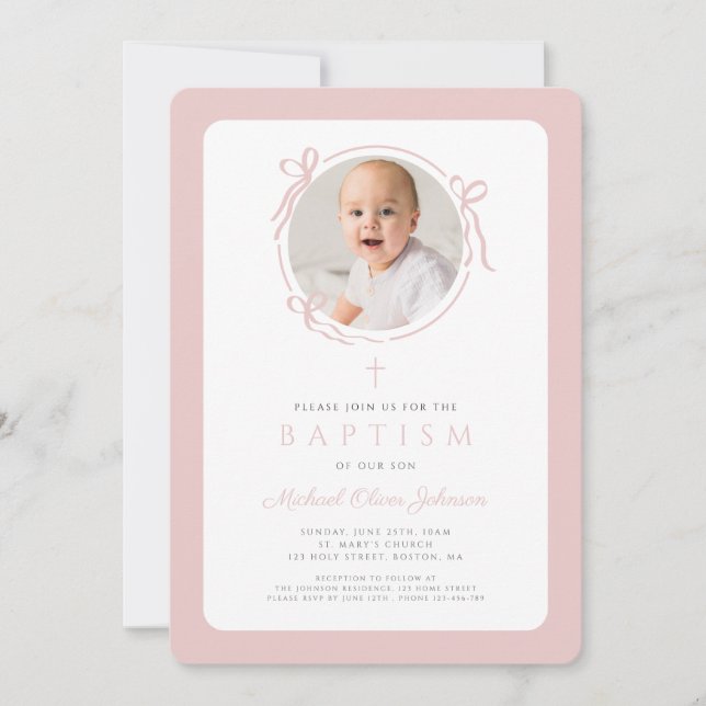 Invitation Elegant Blush Pink Bow Photo Girl Baptism (Devant)