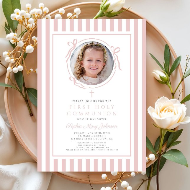 Invitation Elegant Blush Pink Bow Photo Girl First Communion (Elegant Blush Pink Bow Photo Girl First Communion Invitation)