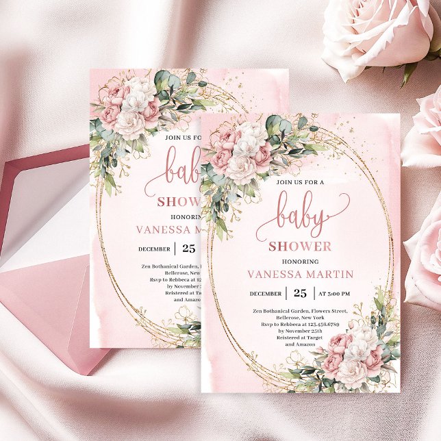 Invitation Elegant Blush Pink Floral Eucalyptus Girl Baby  (Boho Rose Gold Floral Greenery Girl Baby Shower)