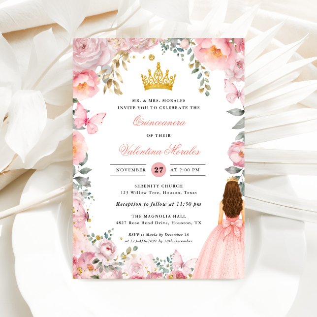 Invitation Elegant Blush Pink Gold Floral Quinceanera (Créateur téléchargé)