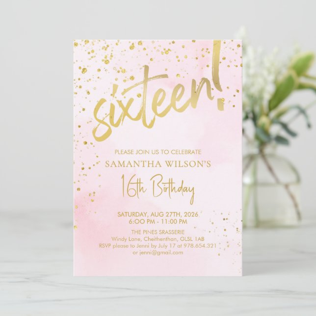 Invitation Elegant Blush Pink & Gold Sixteen Birthday (Debout devant)