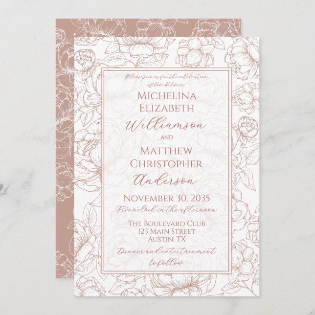 Invitation Elegant Blush Pink Hand-Drawn Floral Wedding  Invi (Devant / Derrière)