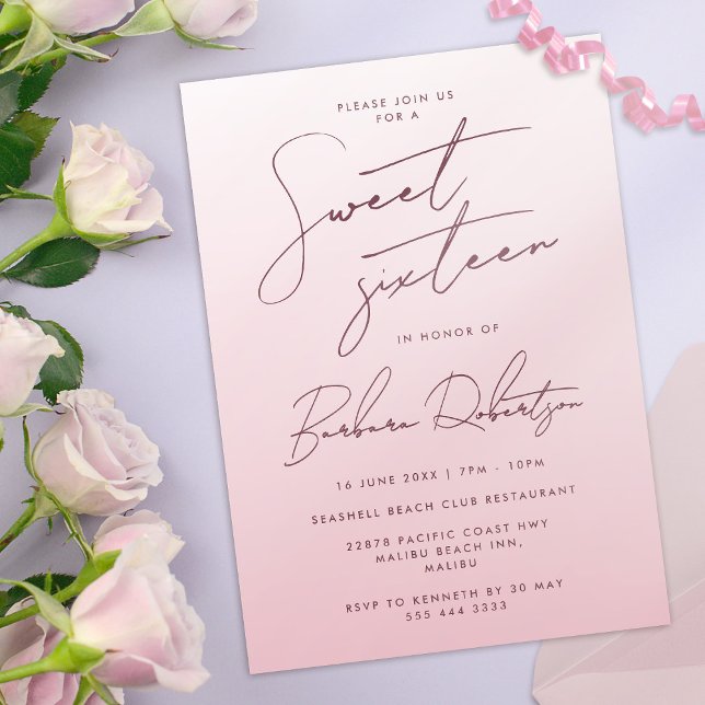 Invitation Élégant Blush Pink Ombre Sweet sixteen de script (Blush pink invitation with title "sweet sixteen" in modern script)