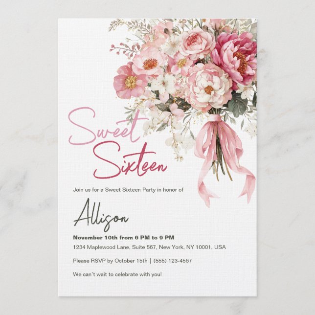Invitation Elegant Blush Pink Peony Floral Sweet Sixteen (Devant)