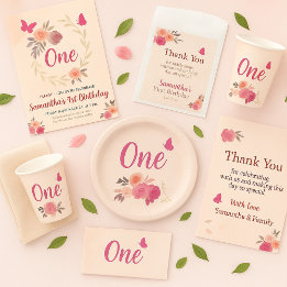 Invitation Elegant Blush Pink Watercolor Floral 1st Birthday