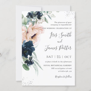 Invitation Élégant Blush Poppies Marine Floral Silver Mariage