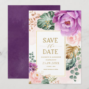 Invitation Élégant Blush Purple Flore tropicale Sauvez la dat
