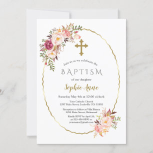 Invitation Élégant Blush Red Flowers Gold Girl Baptism