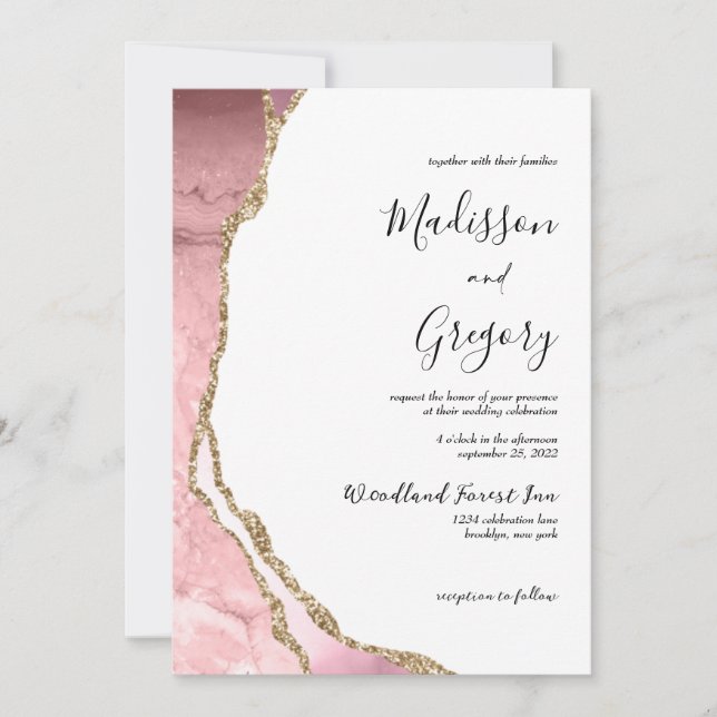 Invitation Élégant Blush Rose Agate Geode Gold Mariage (Devant)