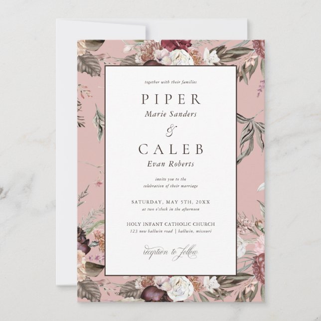 Invitation Elégant Blush rose Bourgogne Mariage floral Invita (Devant)