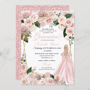 Invitation Elégant Blush rose et or Floral Quinceanera Inv