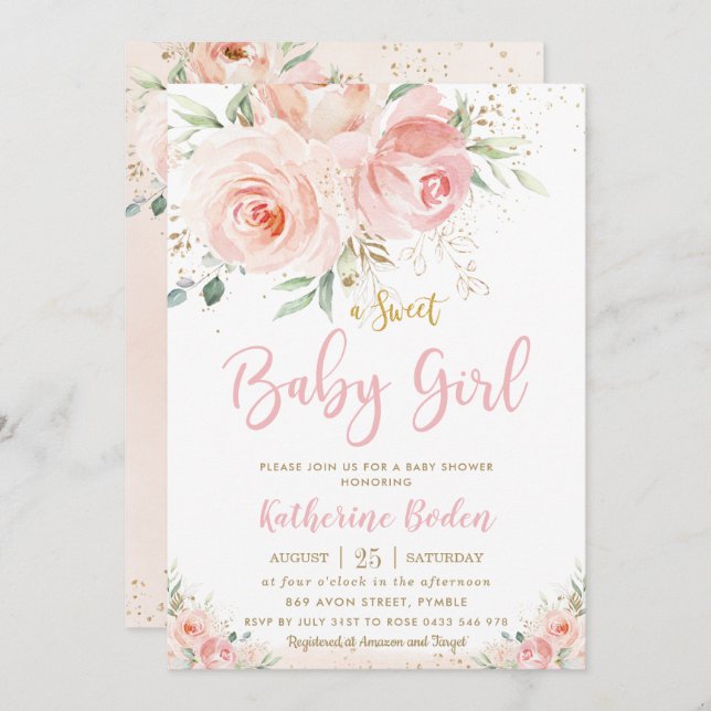 Invitation Élégant Blush rose Floral Baby shower fille or (Devant / Derrière)