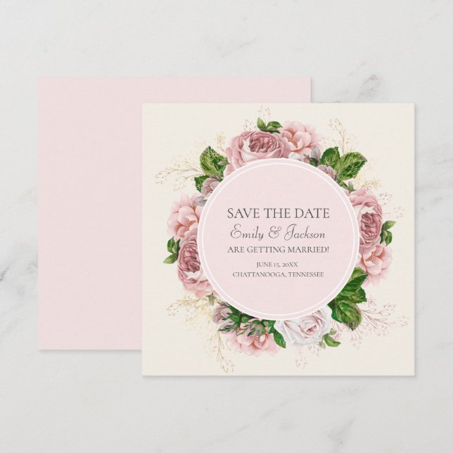 Invitation Élégant Blush Rose Floral Cream Mariage Date de sa (Devant / Derrière)