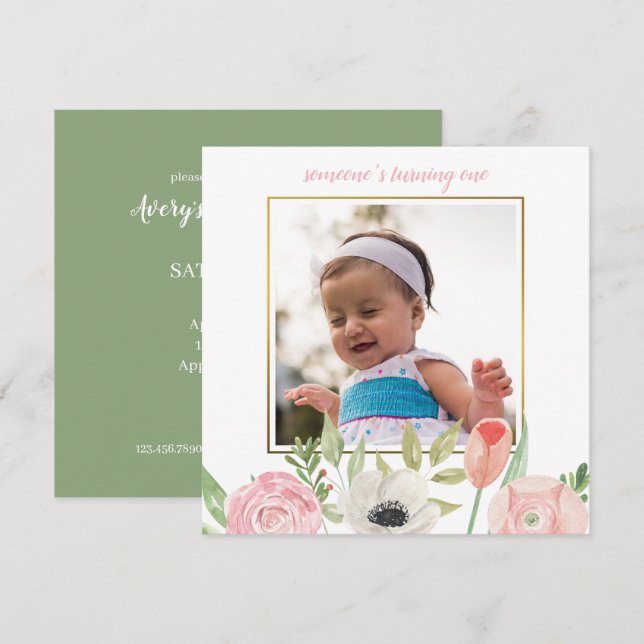 Invitation Elégant Blush rose Floral Frame Baby 1er anniversa (Devant / Derrière)