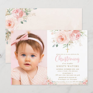 Invitation Élégant Blush Rose Floral Gold Christening Photo