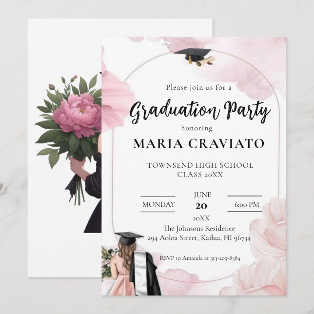 Invitation Élégant Blush Rose Floral Graduat Party Invitat (Devant / Derrière)