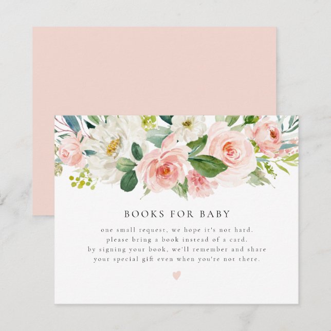Invitation Elégant Blush Rose Floral Livres pour Baby Card (Devant / Derrière)