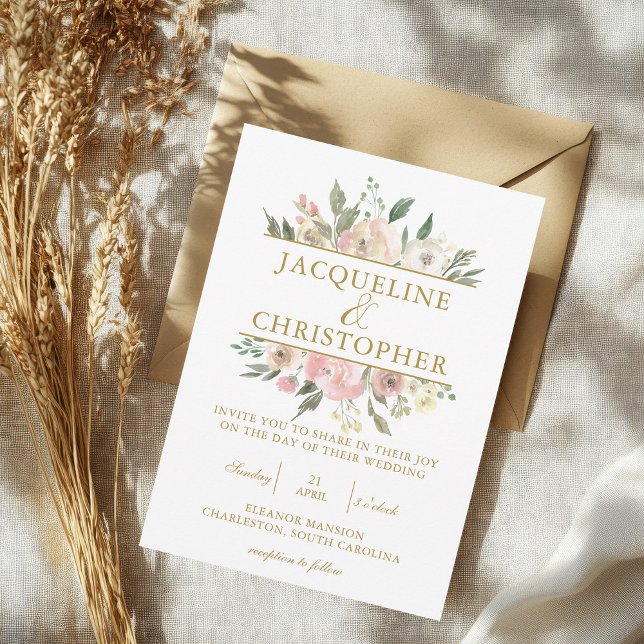 Invitation Élégant Blush rose Floral Mariage de script or (Créateur téléchargé)