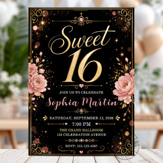 Invitation Elégant Blush Rose Floral Noir Or Sweet 16