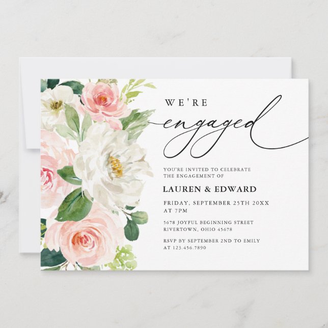Invitation Élégant Blush rose floral Script Partie d'engageme (Devant)