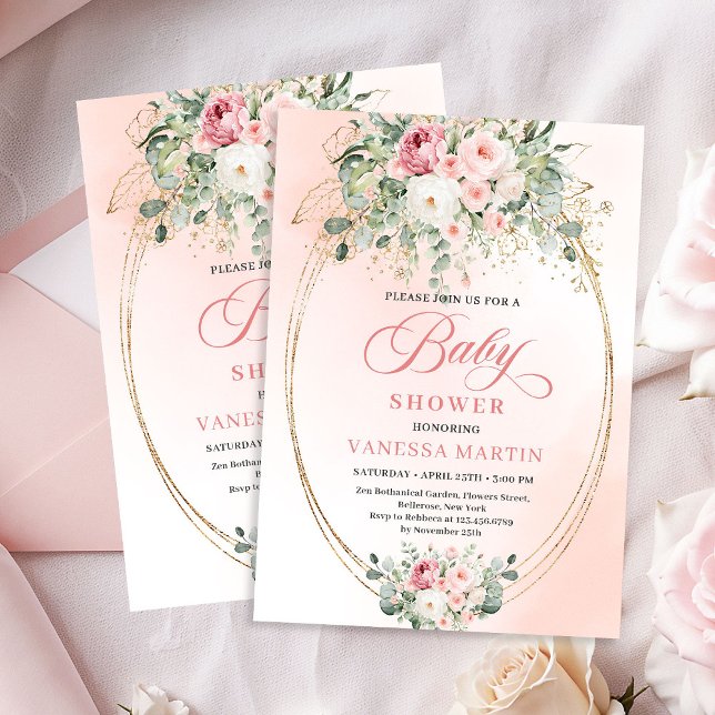 Invitation Elegant Blush Rose Gold Girl Baby Shower Invite (Elegant Blush Rose Gold Girl Baby Shower Invitation)