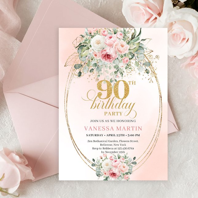 Invitation Elegant Blush Rose Greenery Gold 90th Birthday  (Boho Blush Floral Gold Minimal 90th Birthday Invitation)