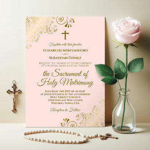 Invitation Élégant Blush rose & Or Mariage catholique moderne