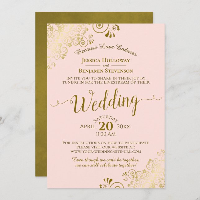 Invitation Elégant Blush rose & Or Mariage Livestream (Devant / Derrière)