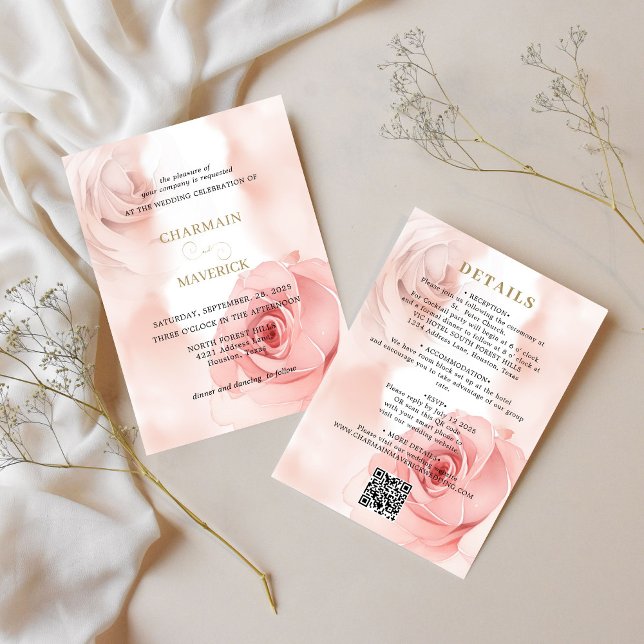 Invitation Élégant Blush Rose Rose Budget Qr code Mariage (Créateur téléchargé)