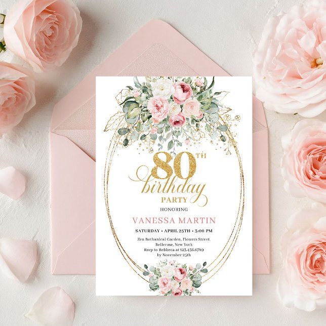 Invitation Elegant Blush Roses Greenery Gold Boho 80 Birthday (Elegant Blush Roses Greenery Gold Boho 80th Birthday)