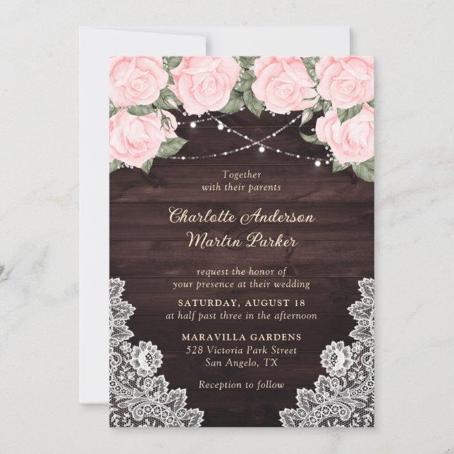 Invitation Élégant Blush Rustic Bois dentelle Mariage floral (Devant)