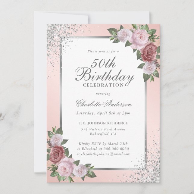 Invitation Elégant Blush Silver Confetti Floral 50e Anniversa (Devant)