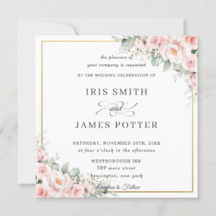 Invitation Élégant Blush Soft Rose Floral Mariage Carré or