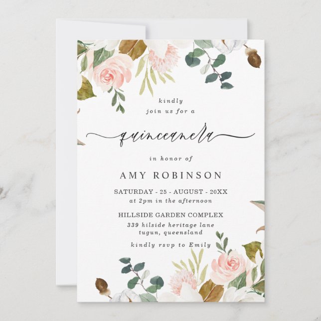 Invitation Elégant Blush & White Floral Spring Quinceanera (Devant)
