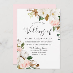 Invitation Elégant Blush & White Watercolor Flowers Mariage