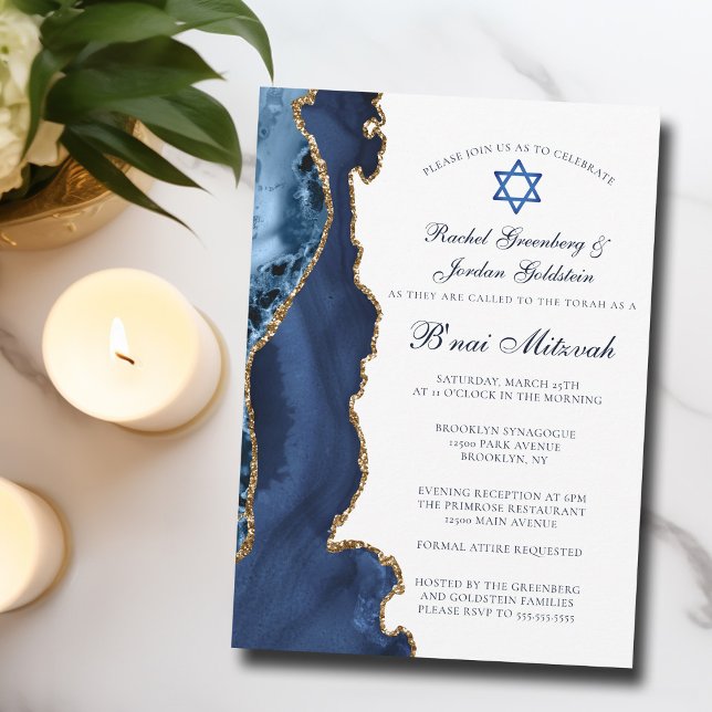 Invitation Élégant B'nai Mitzvah Navy Blue Gold Agate Party (Créateur téléchargé)