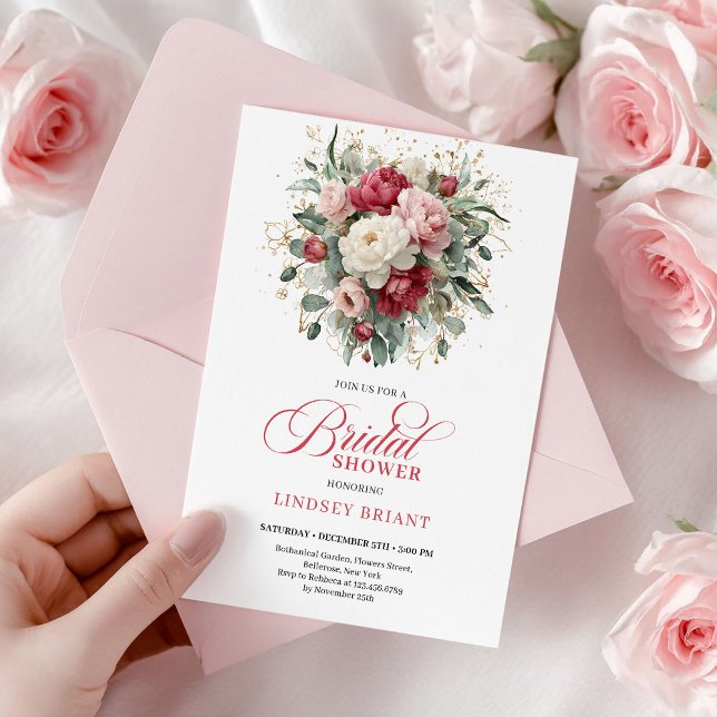 Invitation Élégant Bohème Bourgogne Blanc Fleurs de Mariage (Elegant Boho Burgundy White Greenery Bridal Shower)