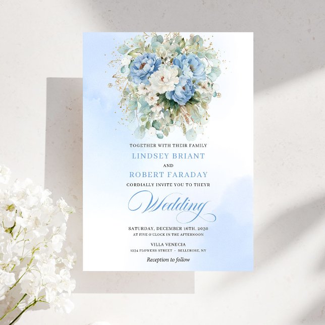 Invitation Élégant Bohème Pastel Bleu Blanc Pivoine Or Mariag (Elegant Boho Pastel Blue White Peony Gold Wedding)