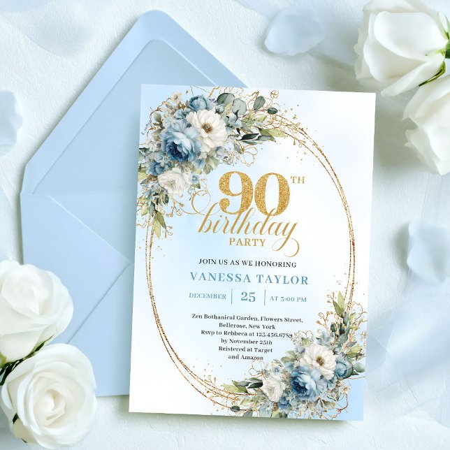 Invitation Elegant Bohemian Blue White Floral Gold 90th Bday (Elegant Bohemian Blue White Floral Gold 90th Birthday)