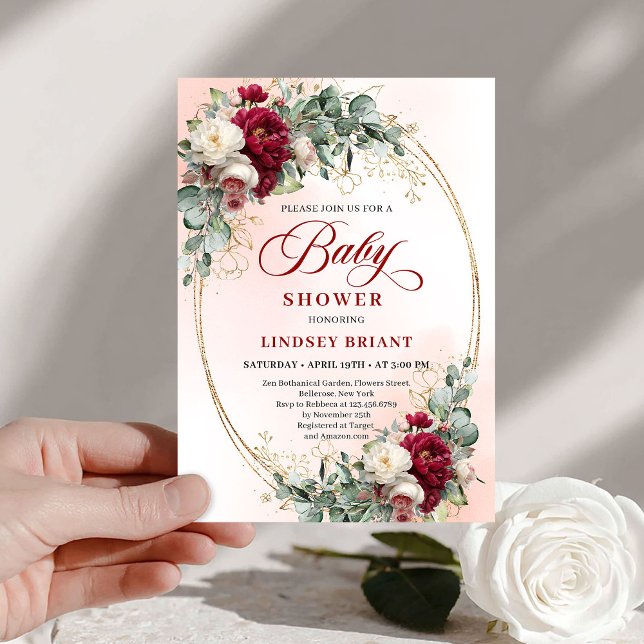 Invitation Elegant Bohemian Burgundy Eucalyptus Baby Shower (Elegant Bohemian Burgundy Eucalyptus Baby Shower)