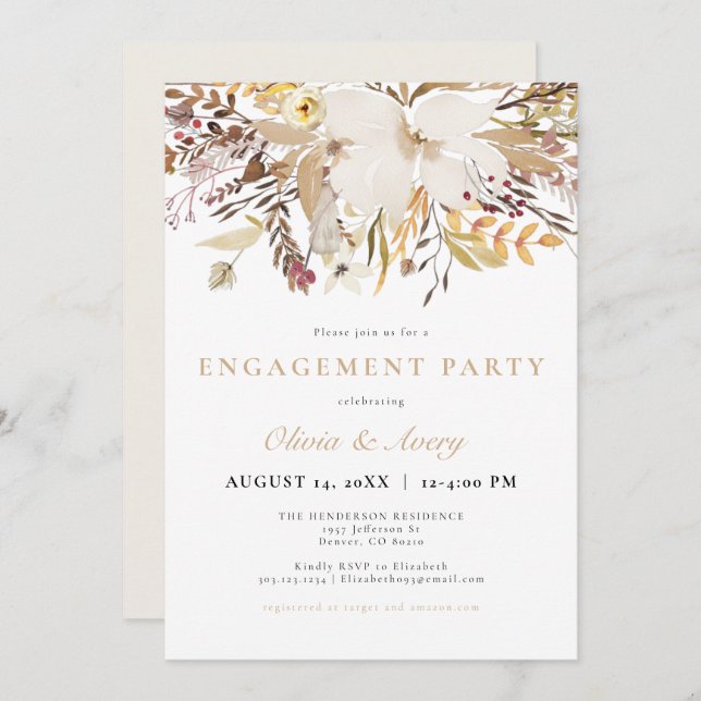Invitation Élégant Bohemian Fall Floral Engagement Party (Devant / Derrière)