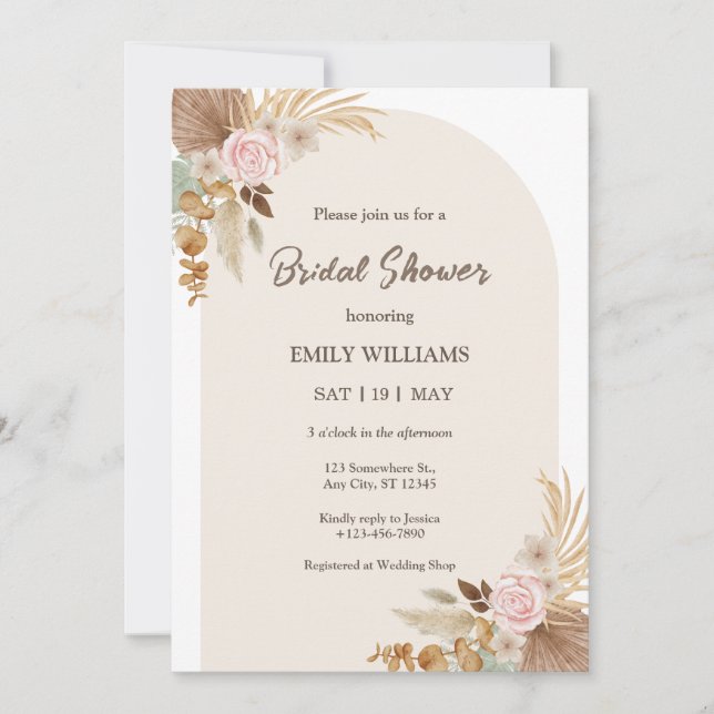 Invitation Elegant Bohemian Floral Pampas Grass Bridal Shower (Devant)