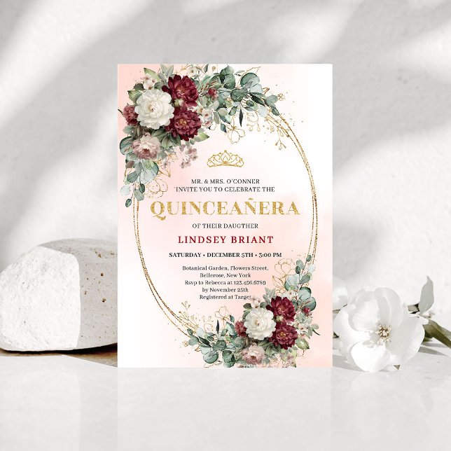Invitation Elegant Bohemian Marsala Flowers Gold Quince (Elegant Bohemian Marsala Flowers Gold Quince Invitation)