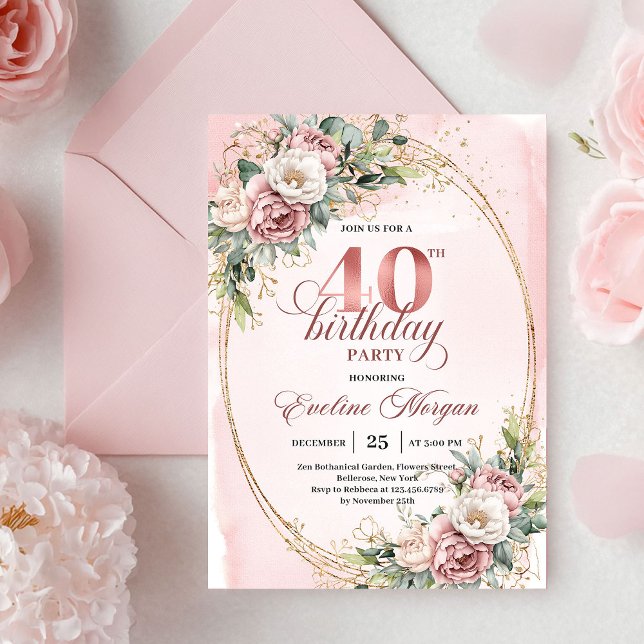 Invitation Elegant Bohemian Powder Pink Flowers 40th Birthday (Elegant Bohemian Powder Pink Flowers 40th Birthday Invitation)