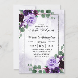 Invitation Elégant Boho Airy Floral Purple et Mariage Argent