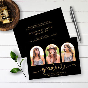 Invitation Elégant Boho Arch Black Gold 3 Photo Graduation