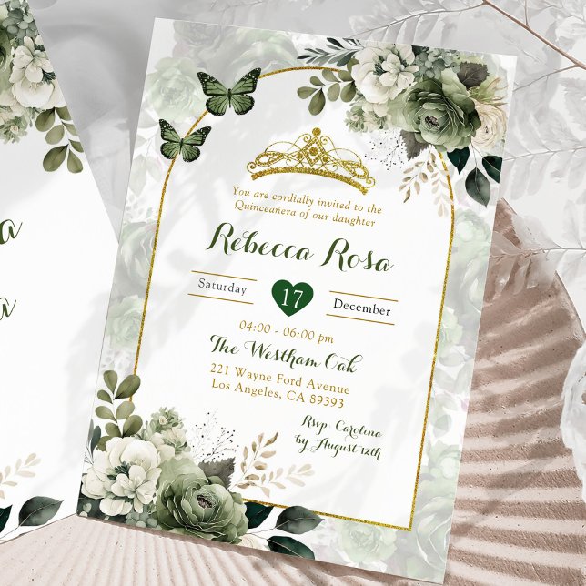 Invitation Elégant Boho Arch Sage Green Royal Quinceañera (Créateur téléchargé)